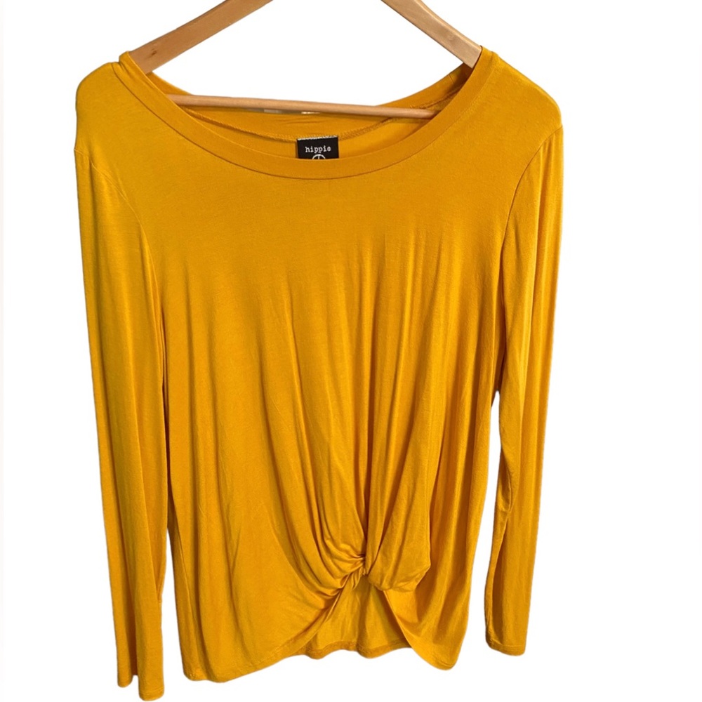 Hippie chic long sleeve tee front twist detail mustard yellow, size M